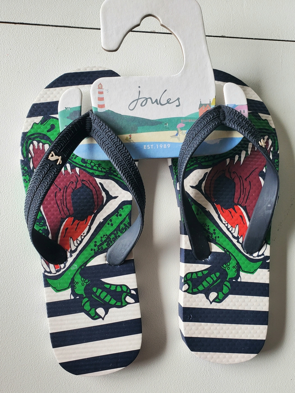 Joules Navy & White Stripe Kids Dino Flip Flops